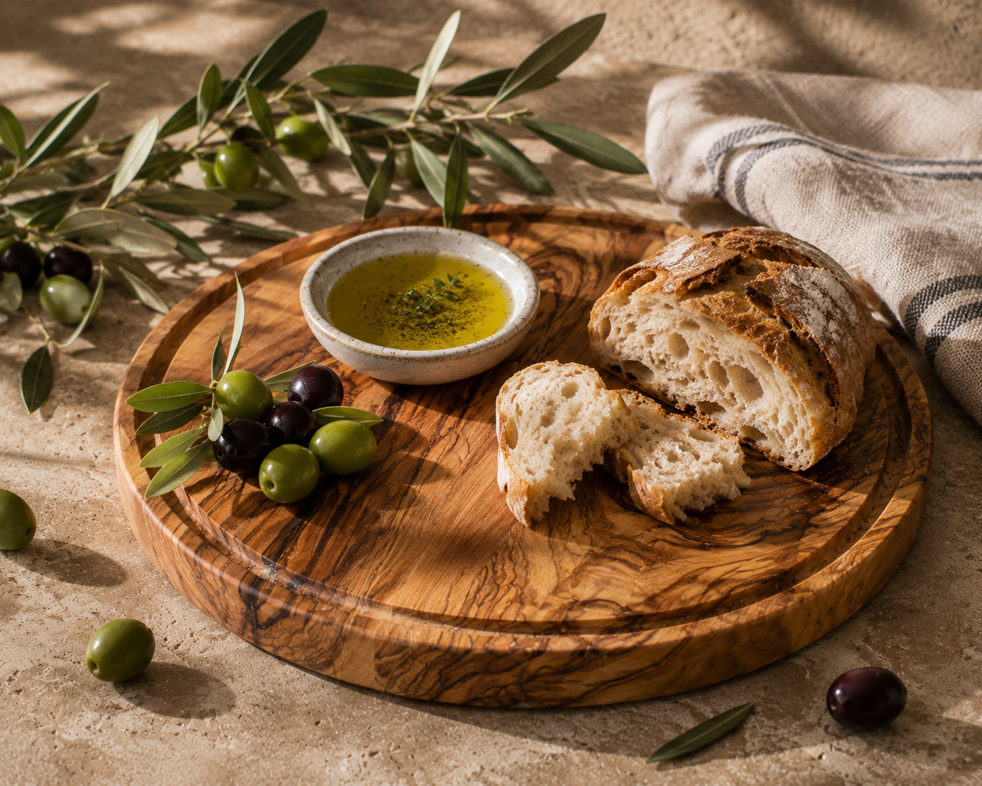 The Grove Collection olive wood round serving tray with sourdough bread, mixed olives and a bowl of olive oil — Wild Olive Co.