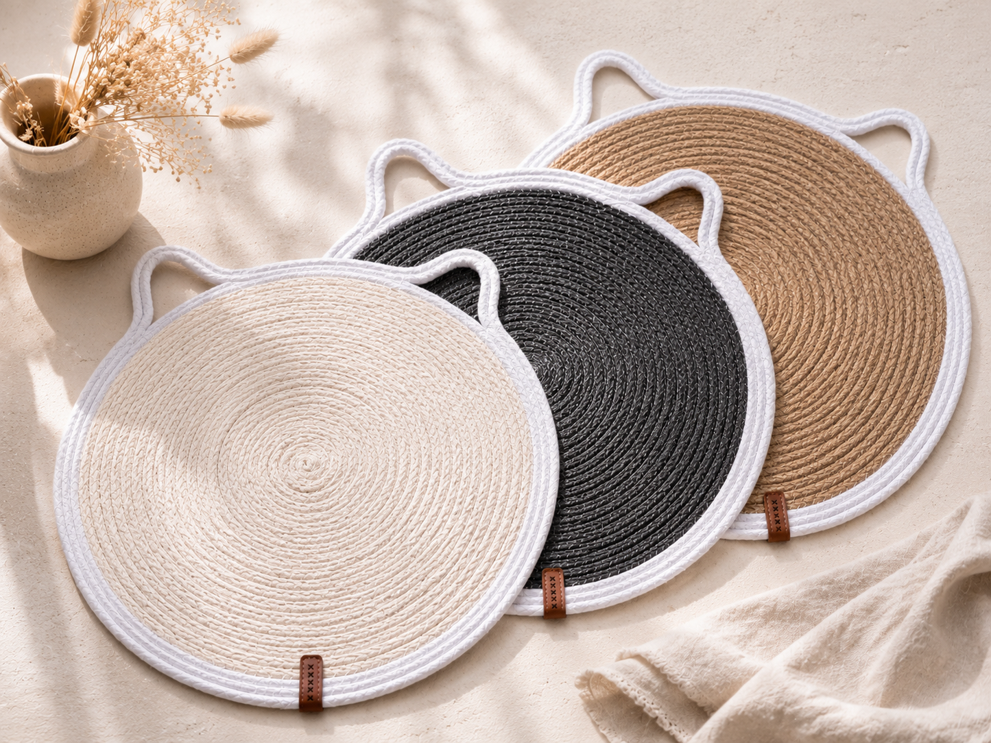 Set of round woven coasters in beige, black, and brown on a light background.