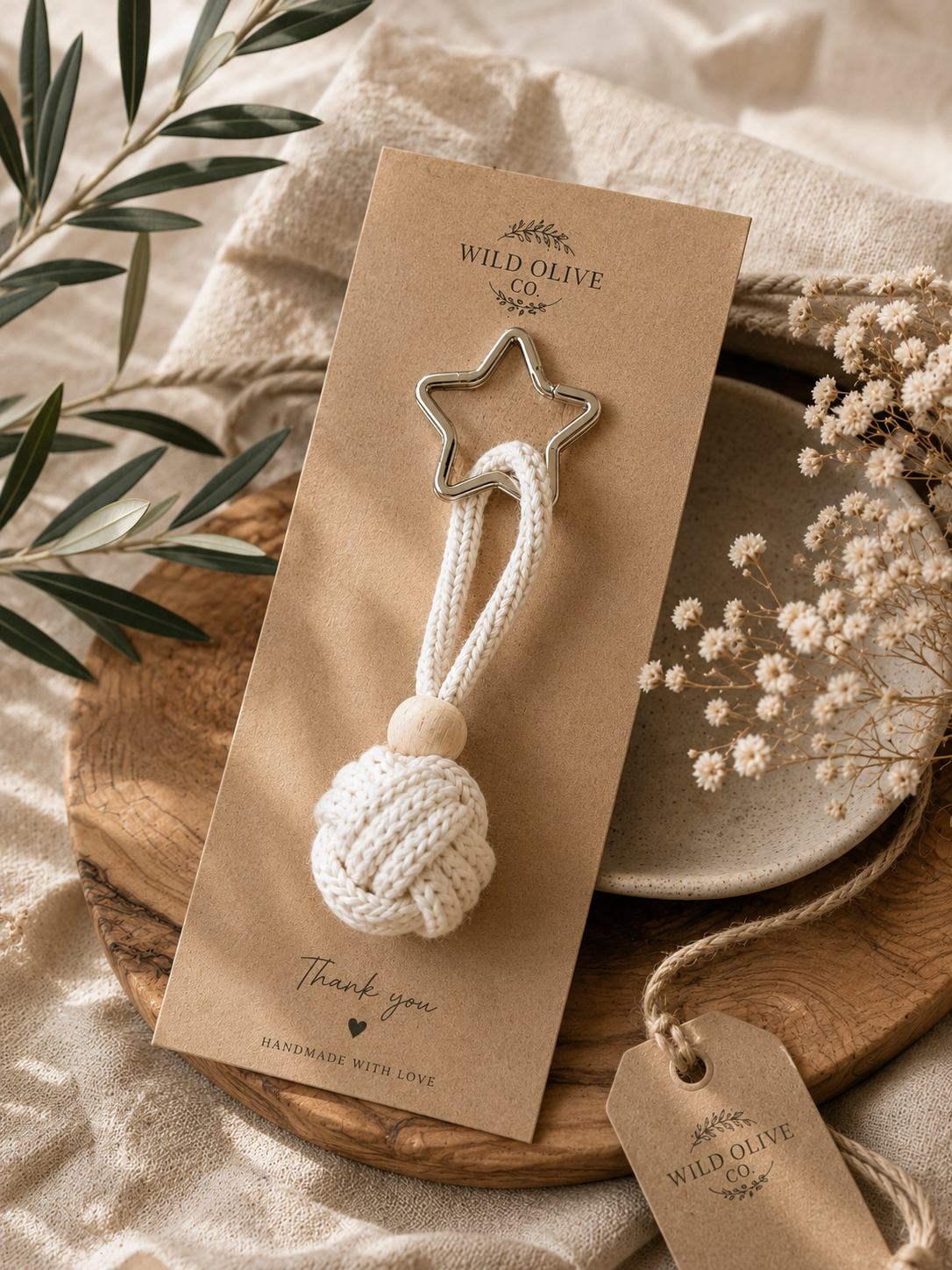 A baby teething ring with a white knotted cord and a silver metal star, presented on a kraft paper card from Wild Olive Co, styled on a wooden slice with dried flowers and linen fabric.