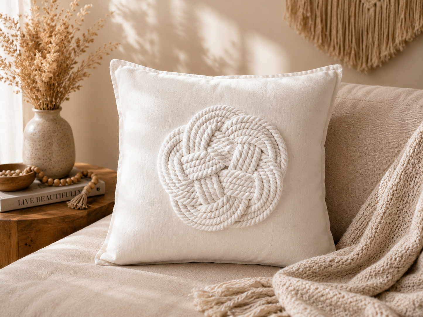 A square off-white throw pillow with a raised circular rope knot design in the center, styled on a beige sofa with a knitted blanket and dried flowers in the background.