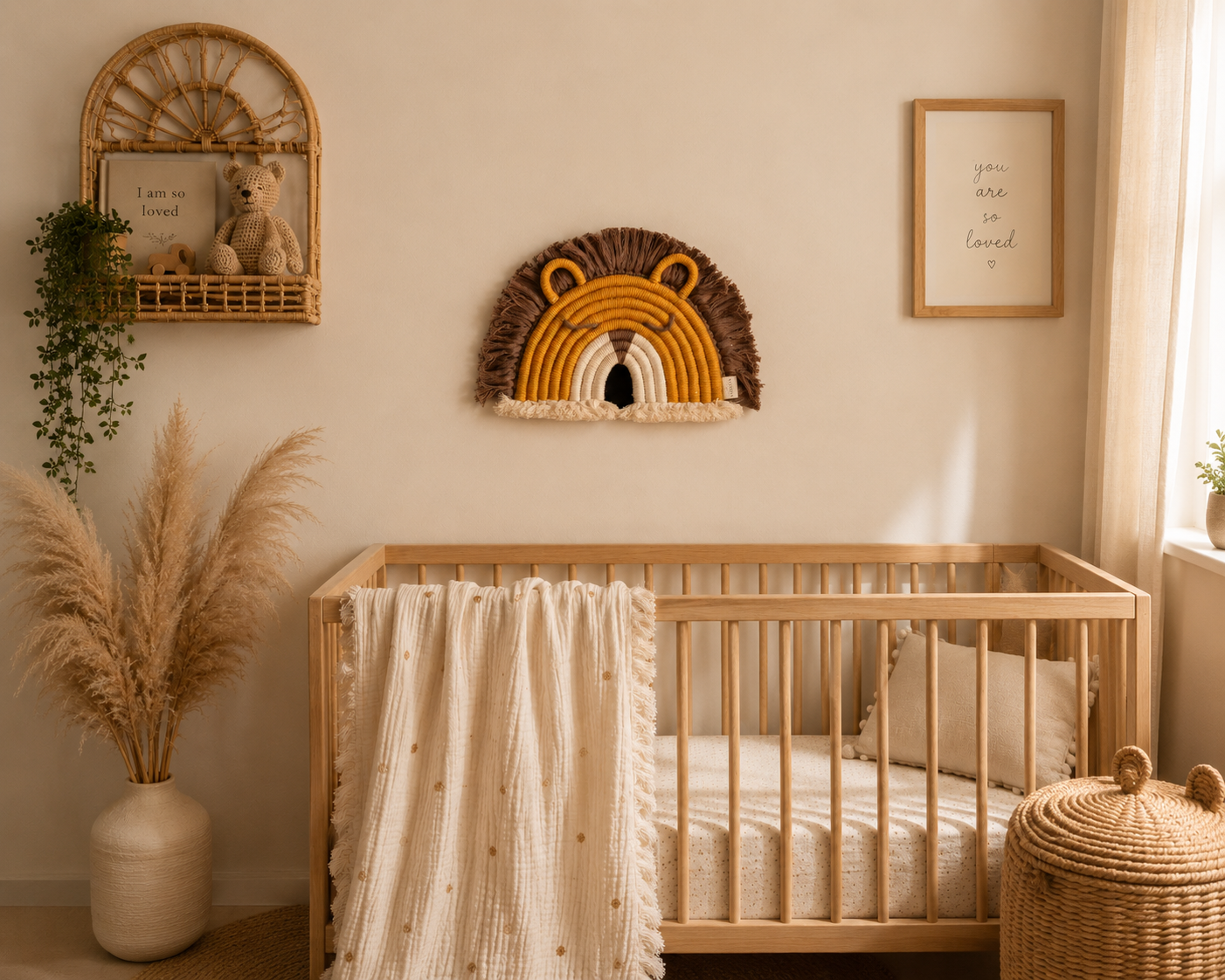 A styled nursery interior featuring a light wood crib with a cream textured blanket draped over the side, set against a warm beige wall. Decorative wall art includes a woven lion-face arch and a framed print, with a wicker shelf holding a stuffed animal and a pampas grass arrangement in a ceramic vase on the floor.