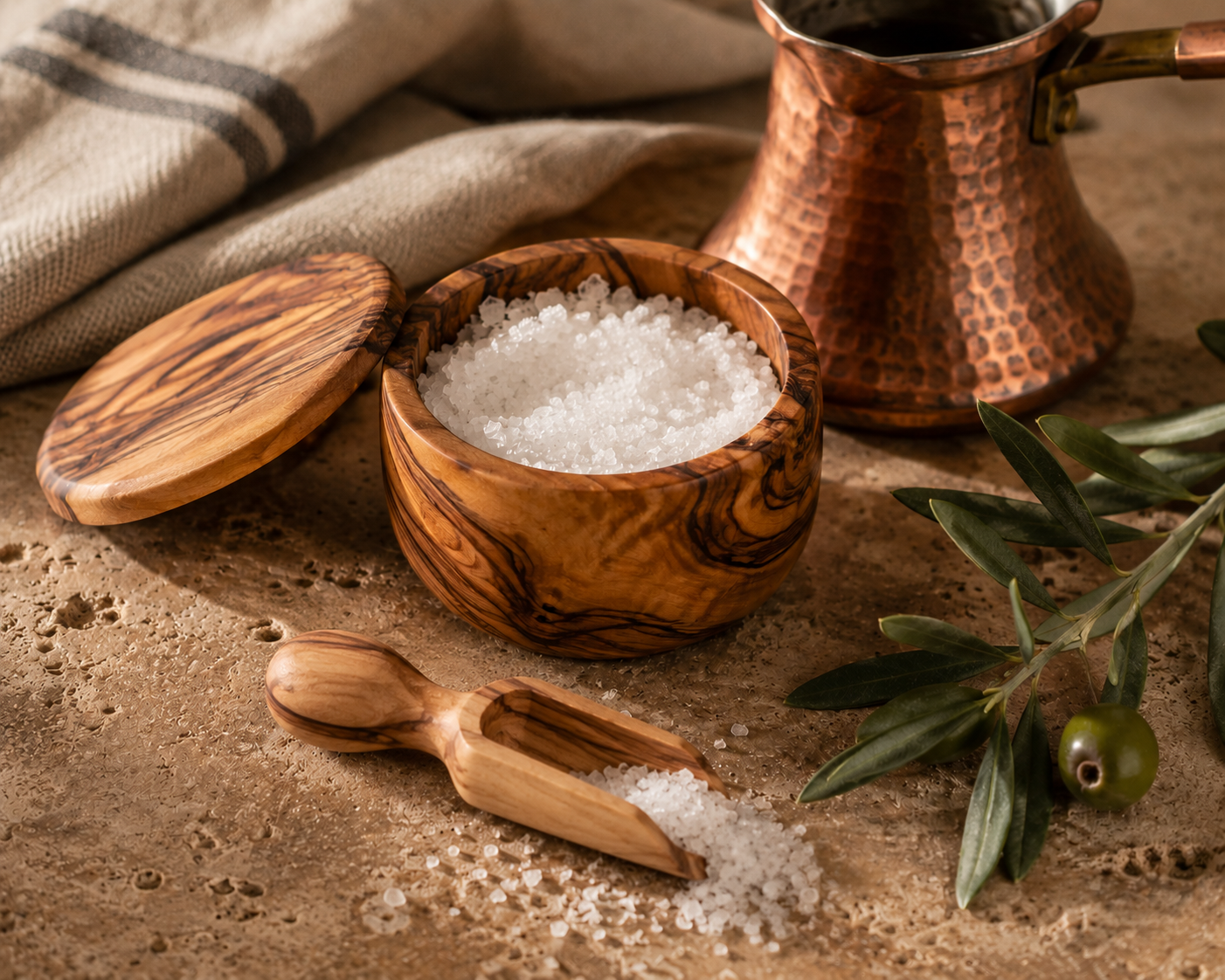 Wooden bowl with salt, wooden scoop, and copper container on a textured surface.