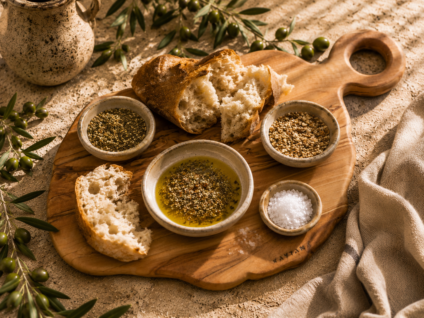 Wooden cutting board with bread, olive oil, and herbs on a sandy background