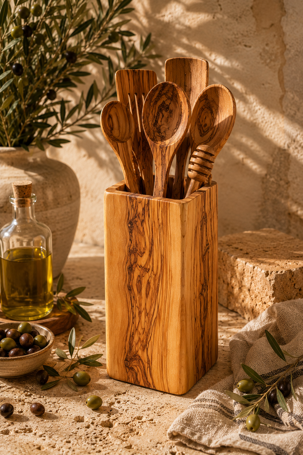 Wooden utensil holder with spoons on a rustic kitchen counter with olive oil bottle and olives.