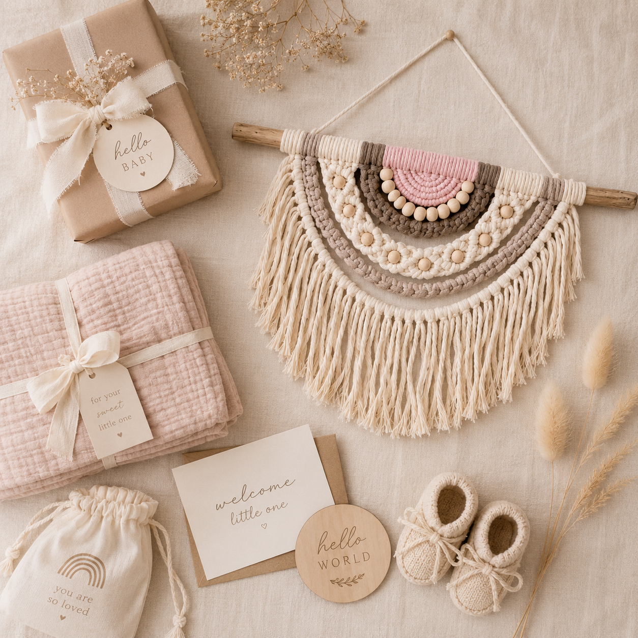 Baby shower gift set with macramé wall hanging, baby booties, and decorative items on a neutral background.