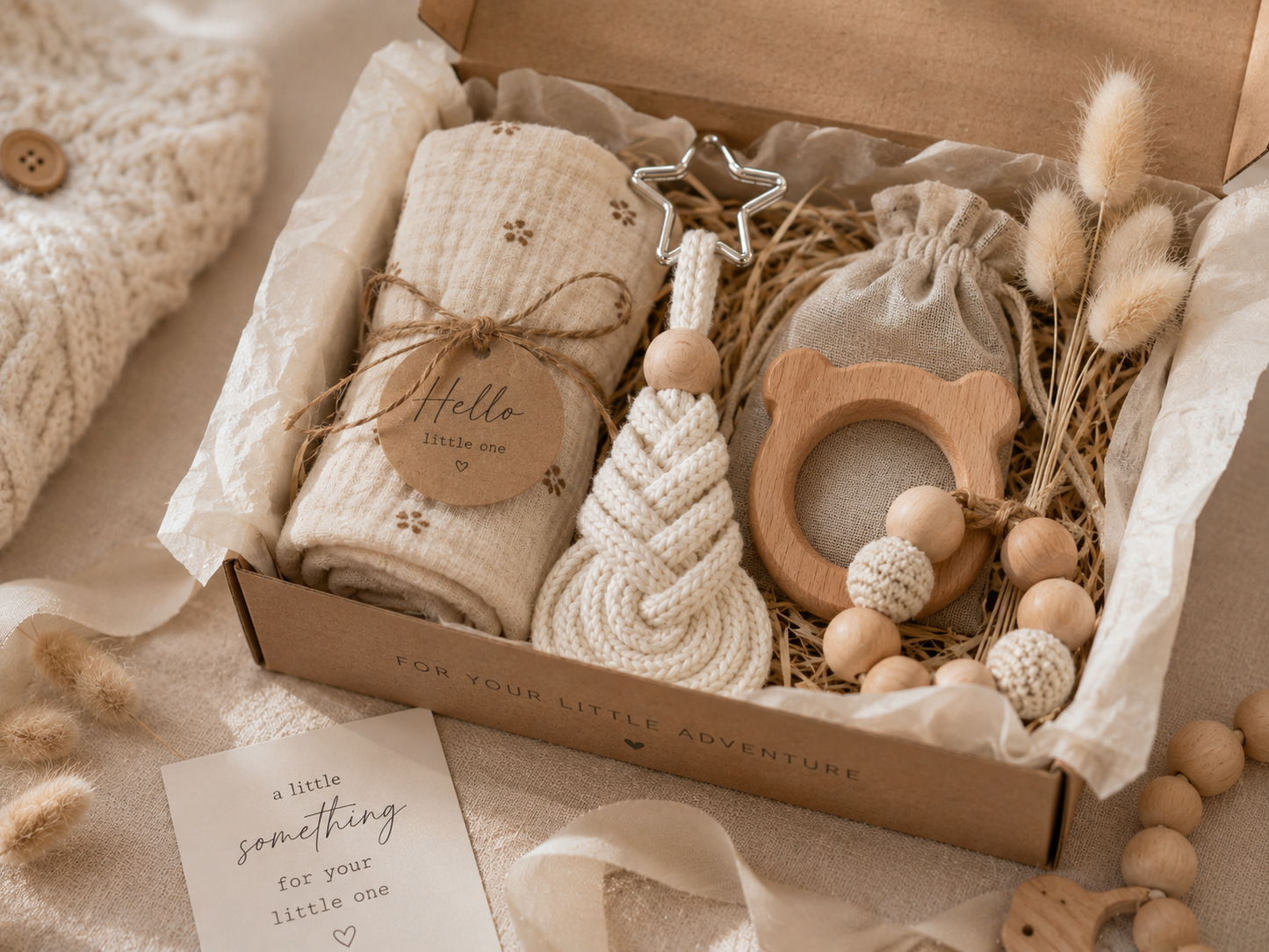 A baby gift box set containing a cream textured blanket tied with a wooden tag, a knotted rope teething toy, a wooden bear teether with beads, and a small fabric pouch, arranged in a kraft box with filler. A cream card reading 'a little something for your little one' is placed in front.