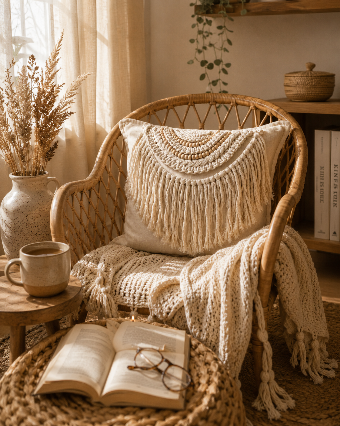 Handmade Linen Cushion Cover with Macramé Fringe & Wood Beads