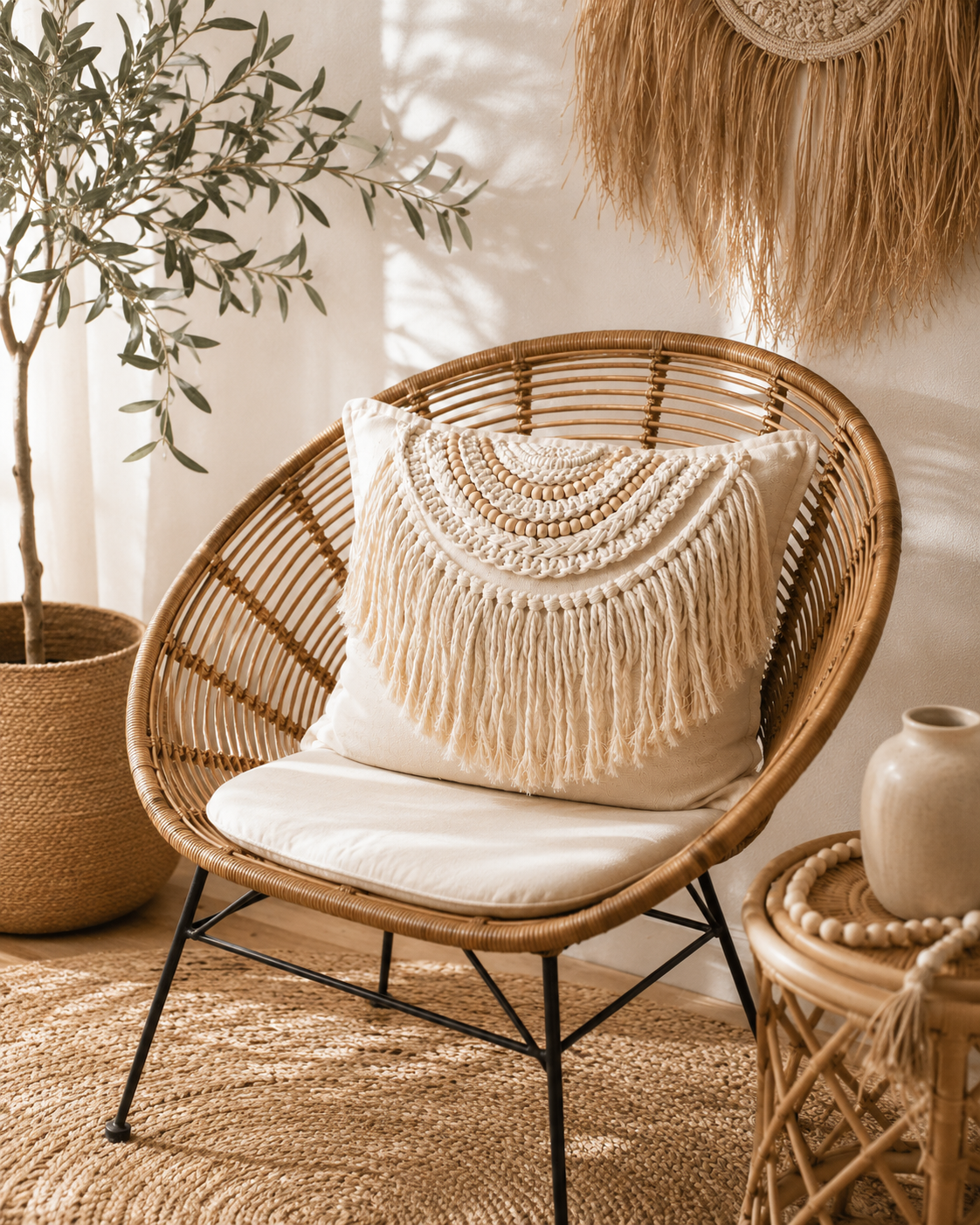 Handmade Linen Cushion Cover with Macramé Fringe & Wood Beads