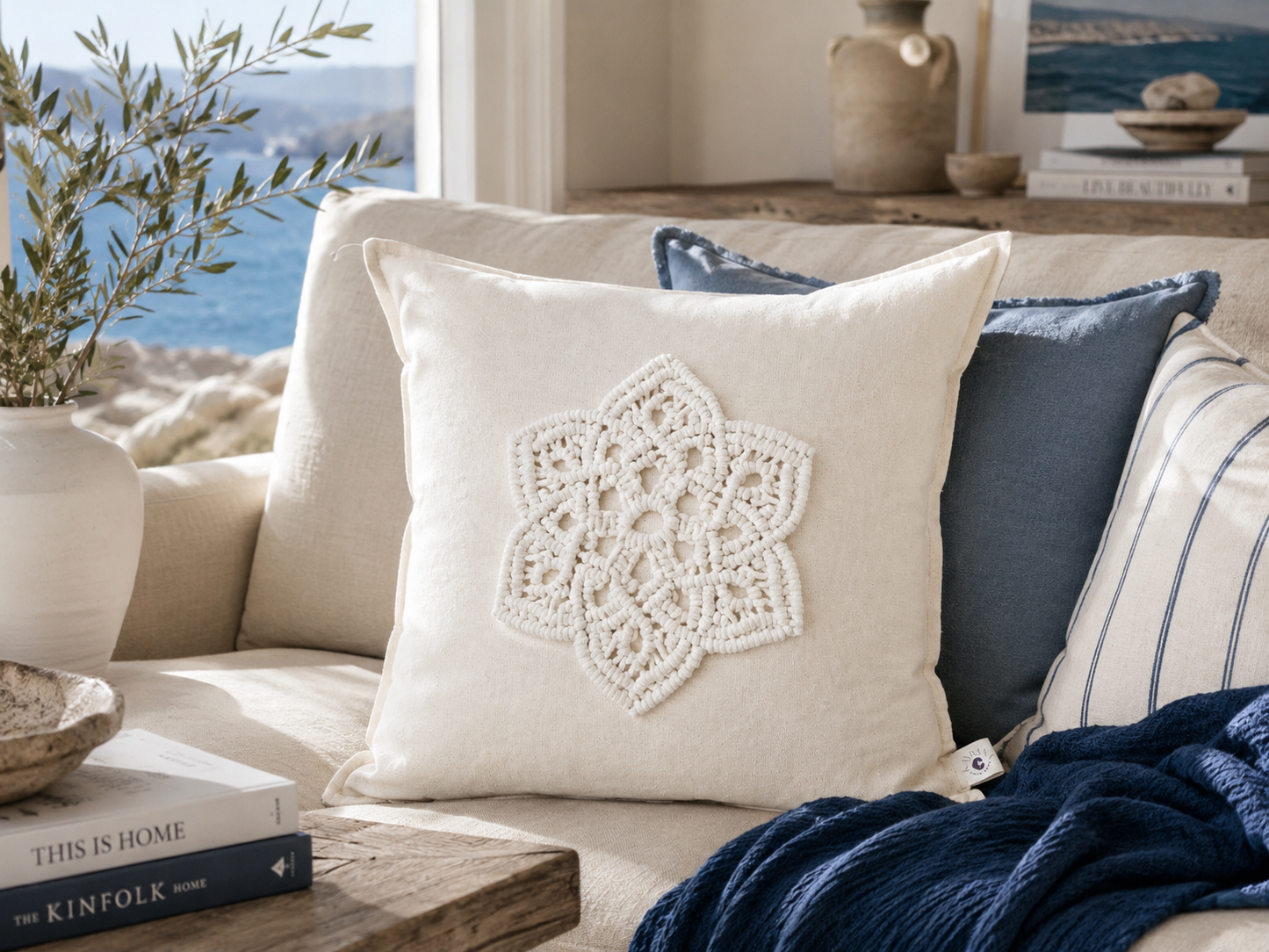 Handmade Linen Cushion Cover with Macramé Lotus Appliqué