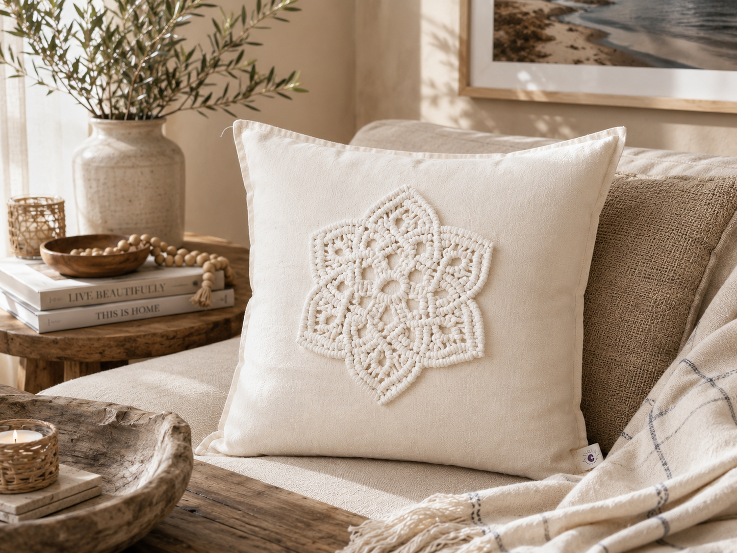 Handmade Linen Cushion Cover with Macramé Lotus Appliqué