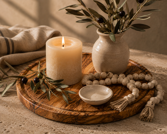 The Grove Collection 25 cm olive wood round tray styled as a home décor display with a pillar candle, ceramic vase and beads — Wild Olive Co.

