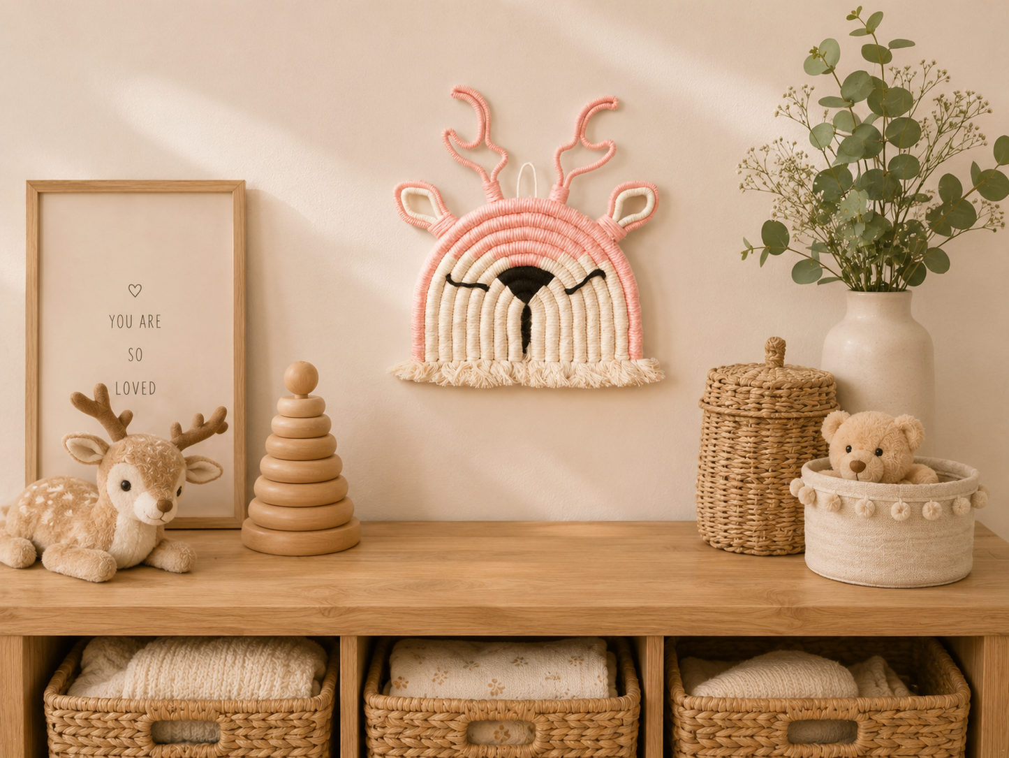 Handmade Macramé Deer Wall Hanging — Blush Pink
