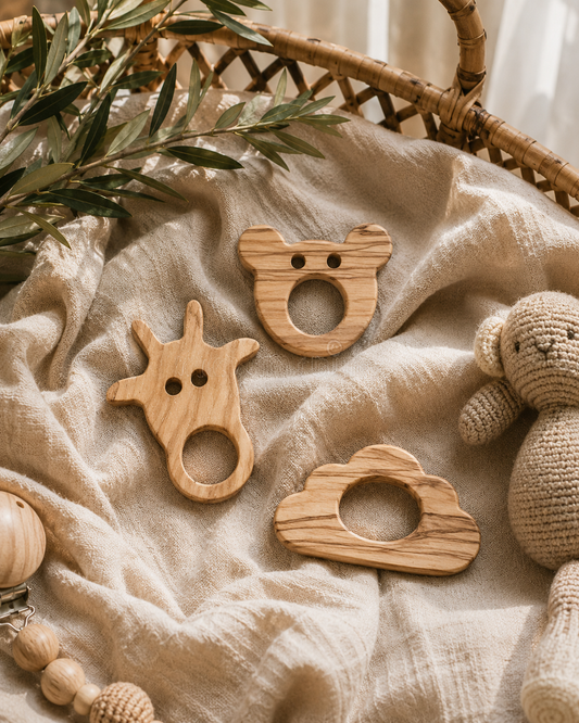 Wooden baby teething toys on a soft fabric surface with a woven basket and greenery.