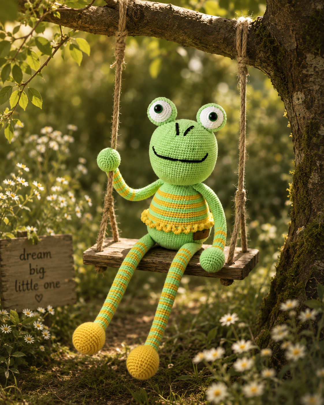 A crocheted green frog toy with large white eyes sits on a wooden swing hanging from a tree branch in a garden. The frog wears a yellow and green striped skirt and has yellow shoes.