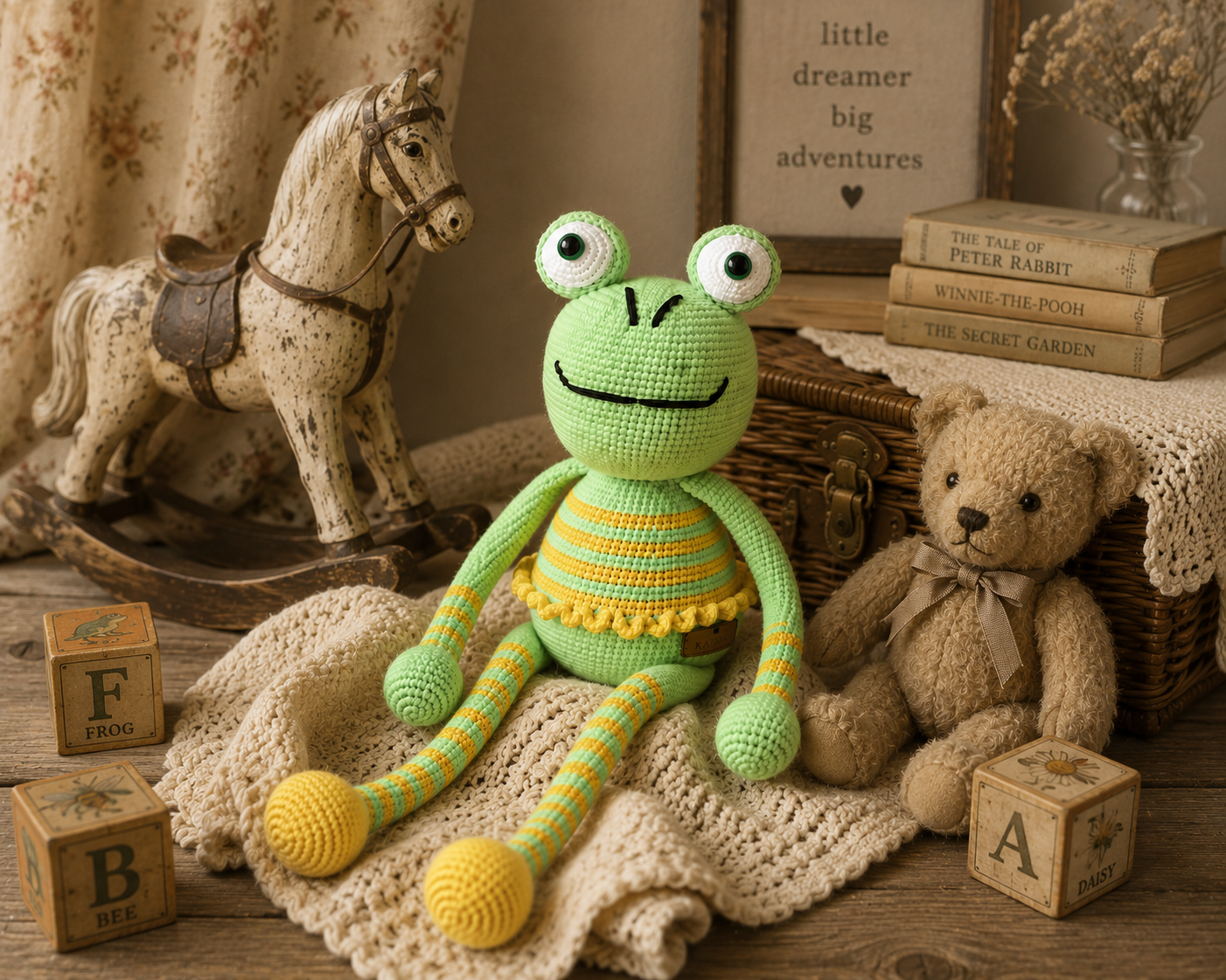 A crocheted green frog doll with yellow striped details sits on a cream lace blanket on a wooden surface, styled with a rocking horse, a teddy bear, wooden blocks, and vintage books.