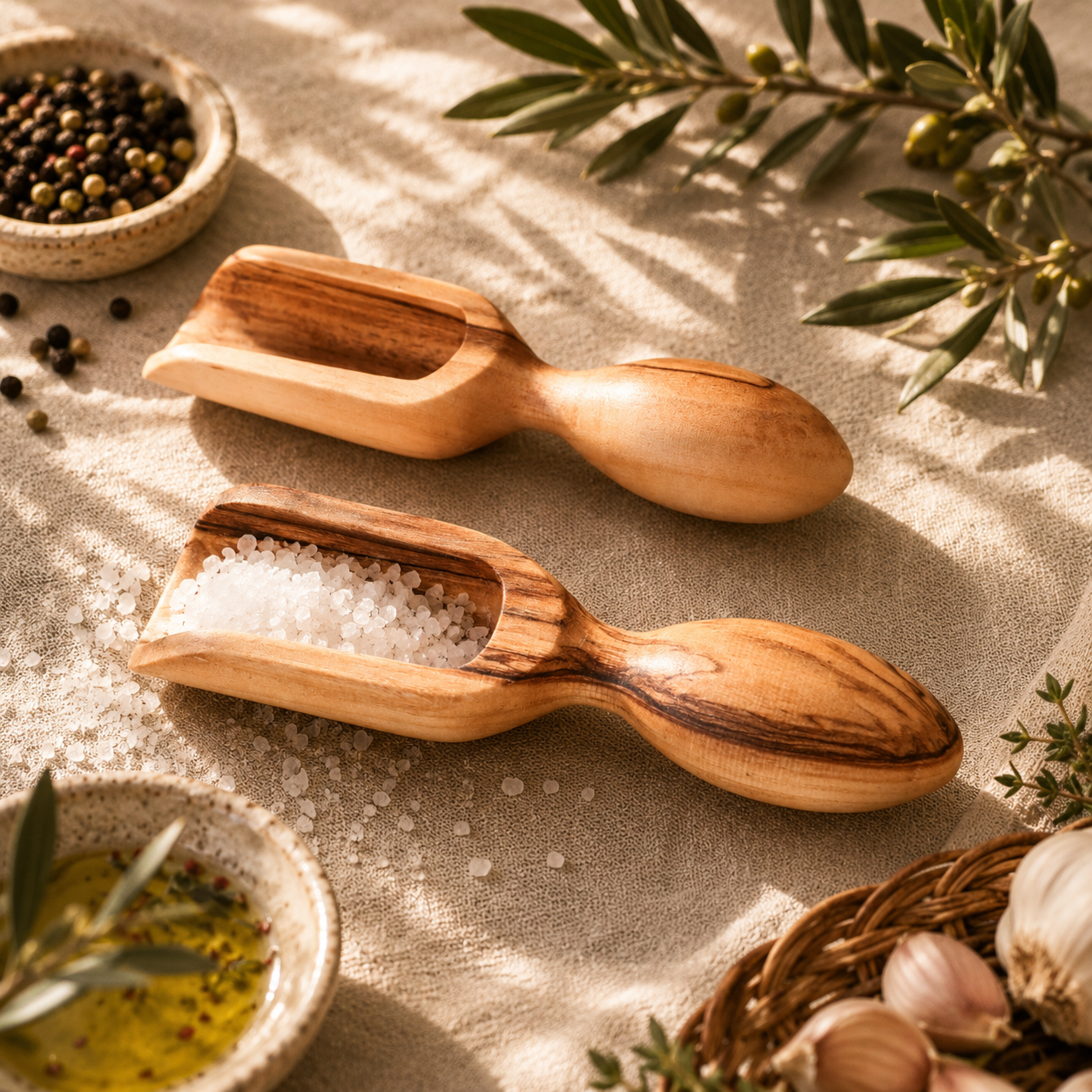 Two wooden spoons on a textured surface with ingredients and plants around