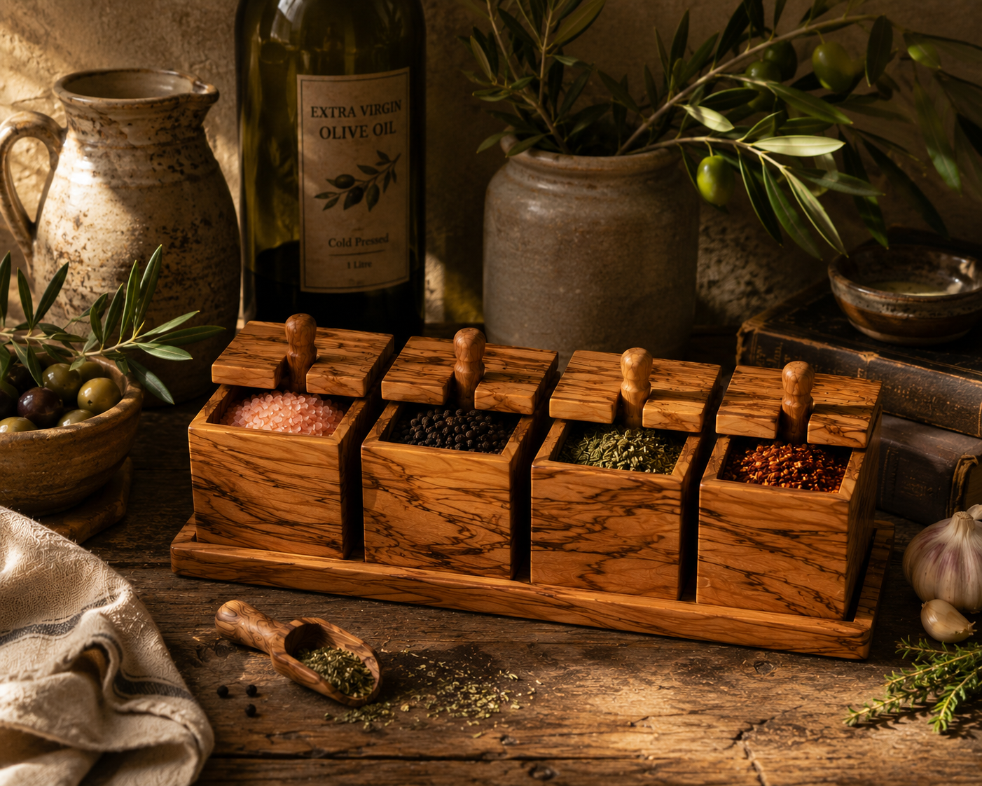 Wooden spice rack with various spices on a rustic wooden table with olive oil bottle and plants.