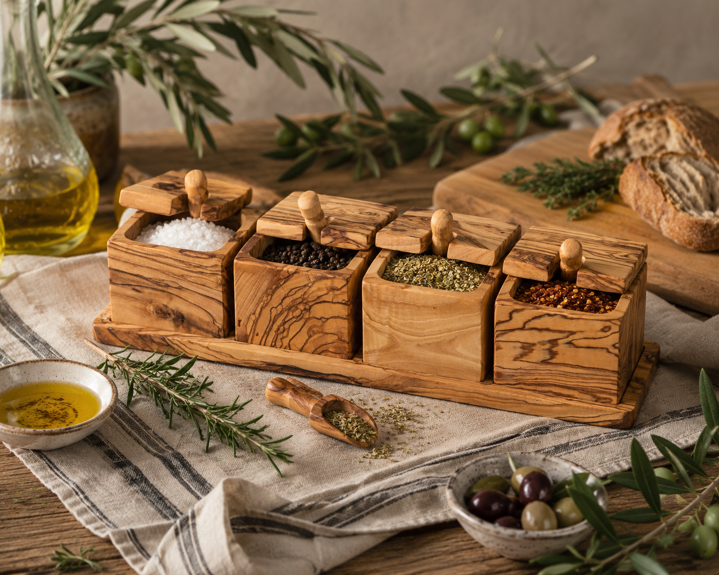 Wooden spice rack with various spices on a rustic table setting.