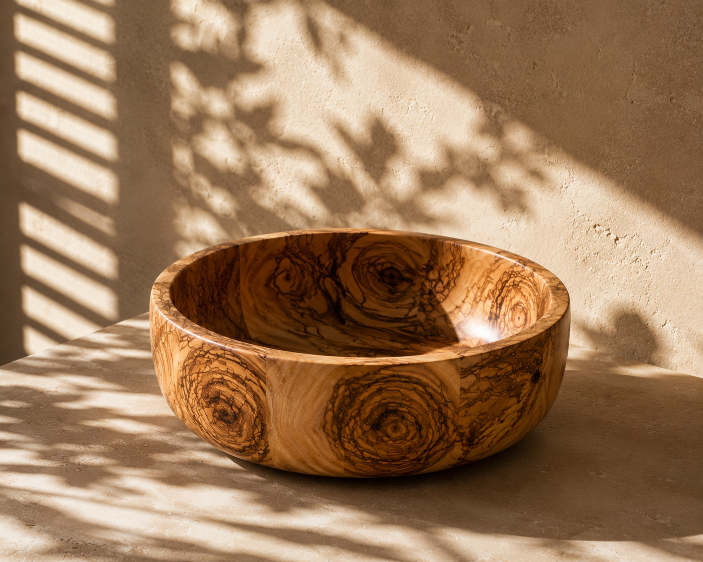 Wooden bowl on a textured surface with sunlight casting shadows