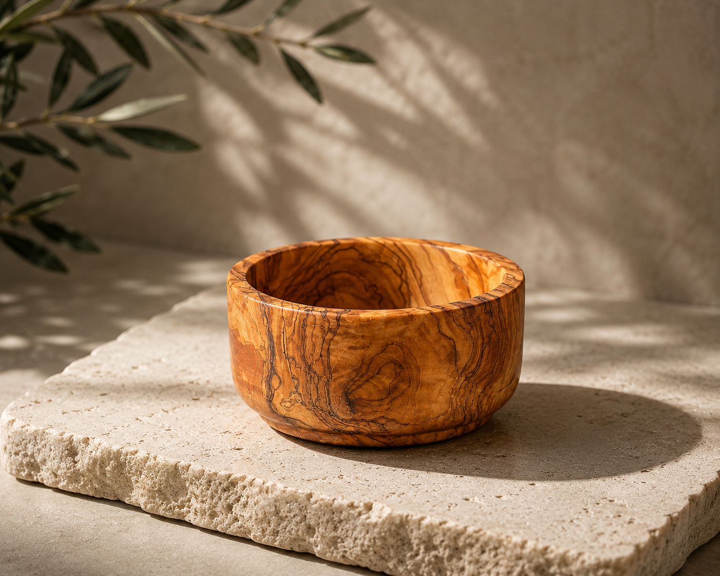 Wooden bowl on a stone surface with a natural light background