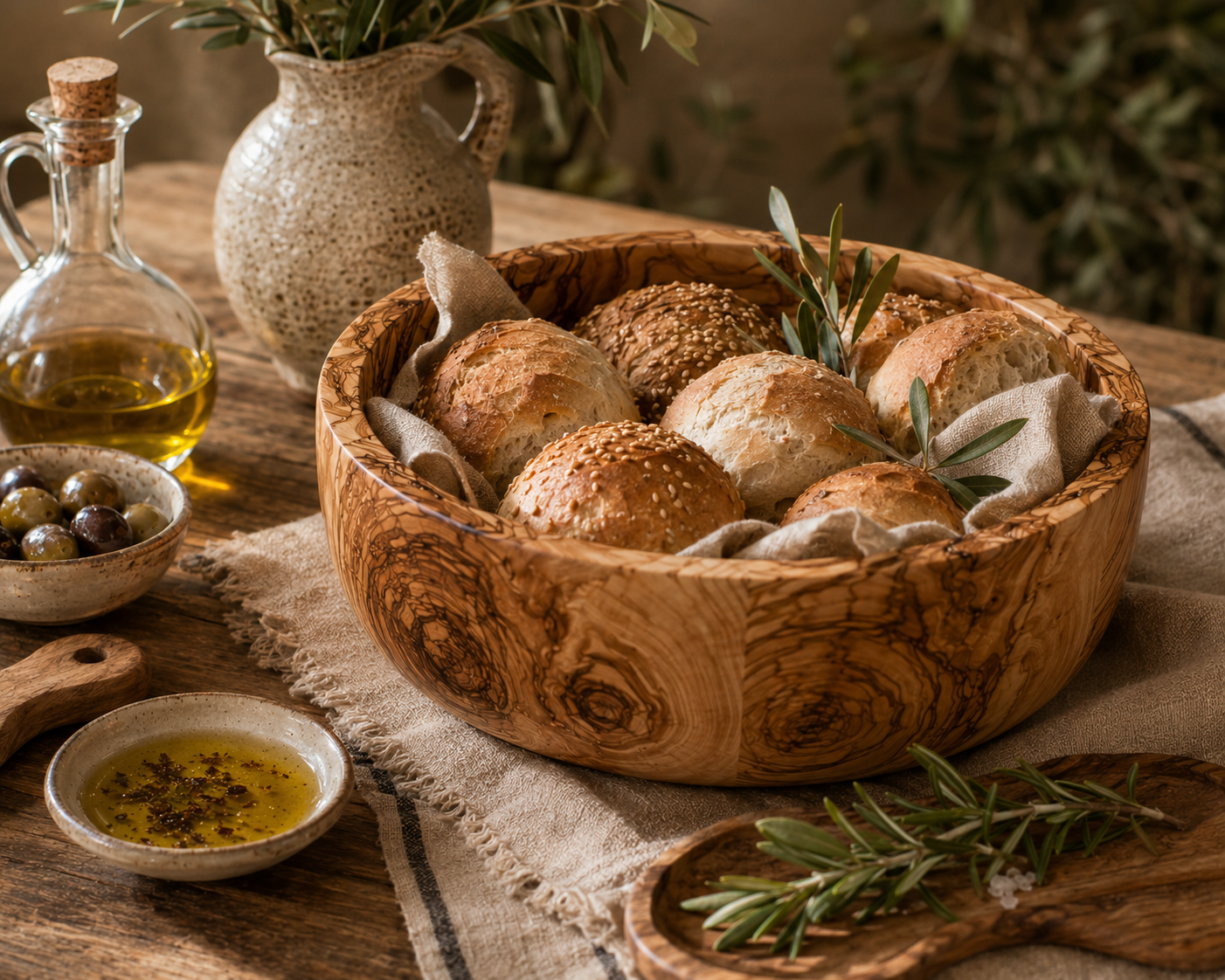 Wooden bowl filled with bread rolls on a rustic wooden table with olive oil and herbs.