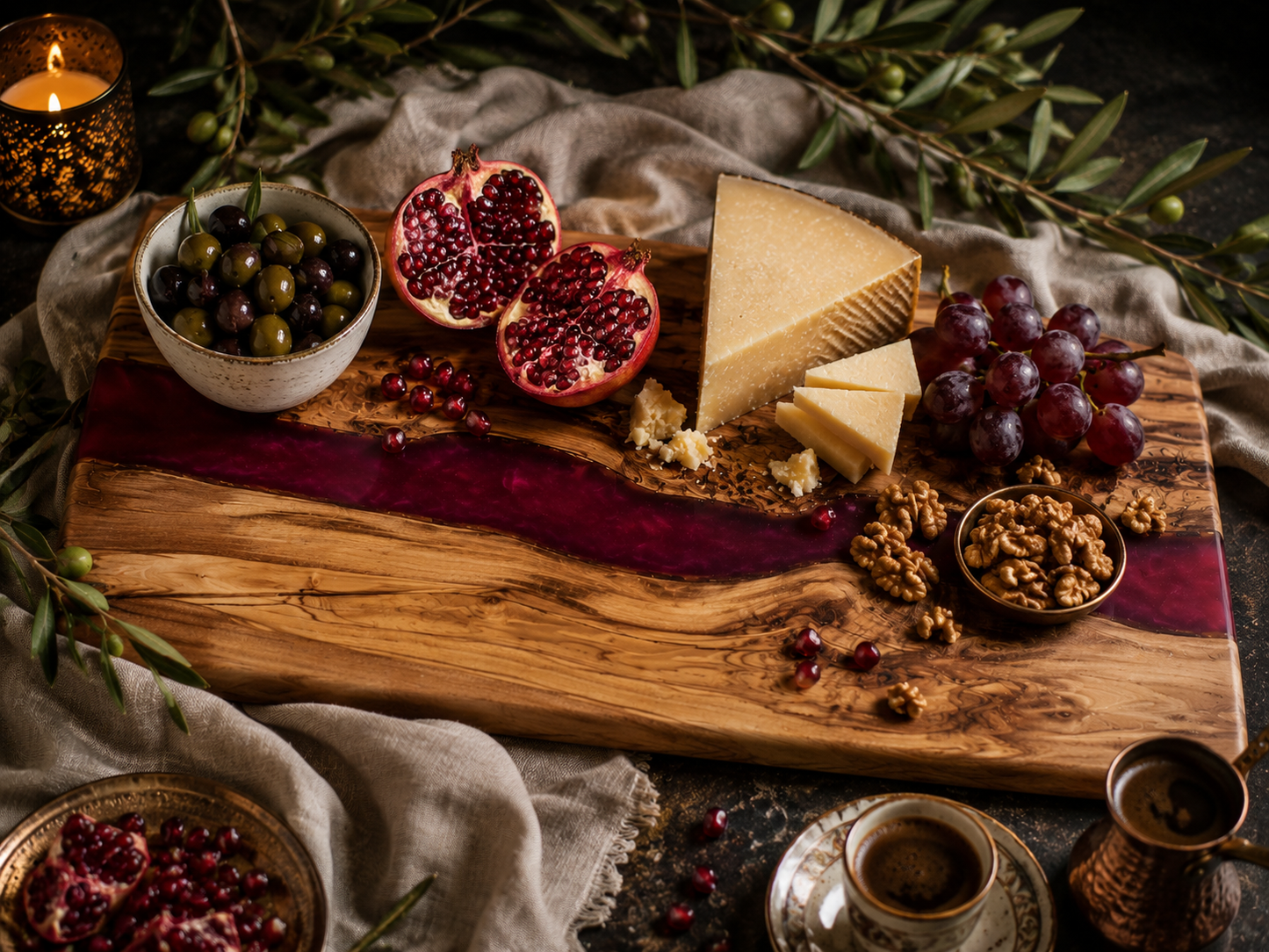 The Grove Collection crimson epoxy river board styled as a cheese board with aged cheese, pomegranate, walnuts and red wine — Wild Olive Co.
