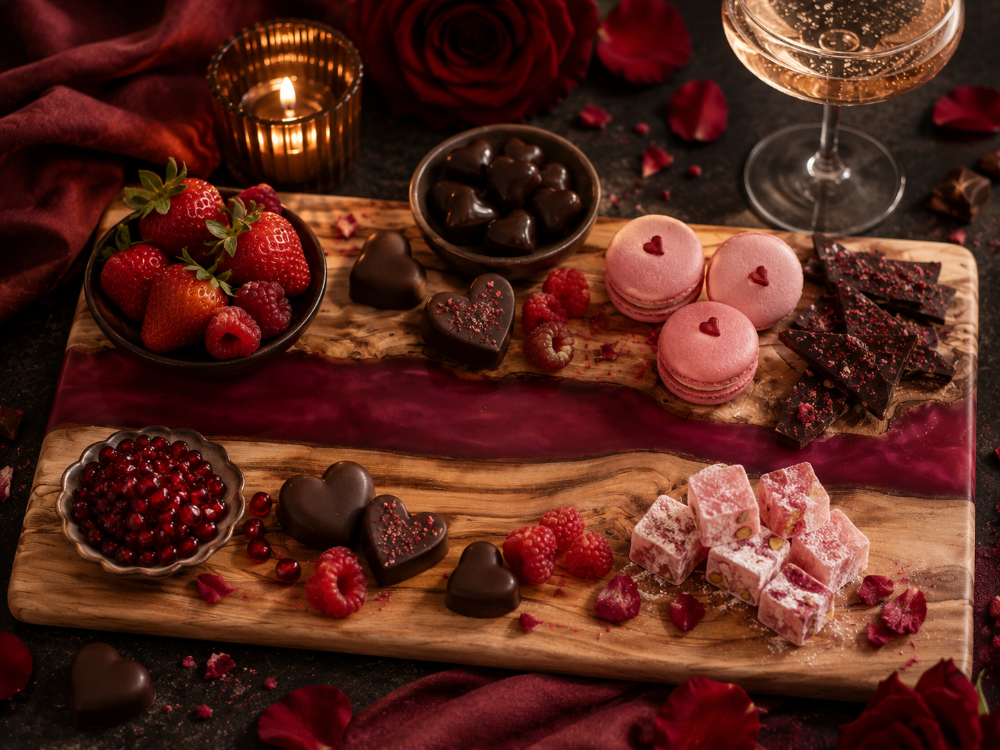 The Grove Collection crimson epoxy river board styled as a Valentine's dessert board with macarons, heart chocolates, raspberries, lokum and champagne — Wild Olive Co.


