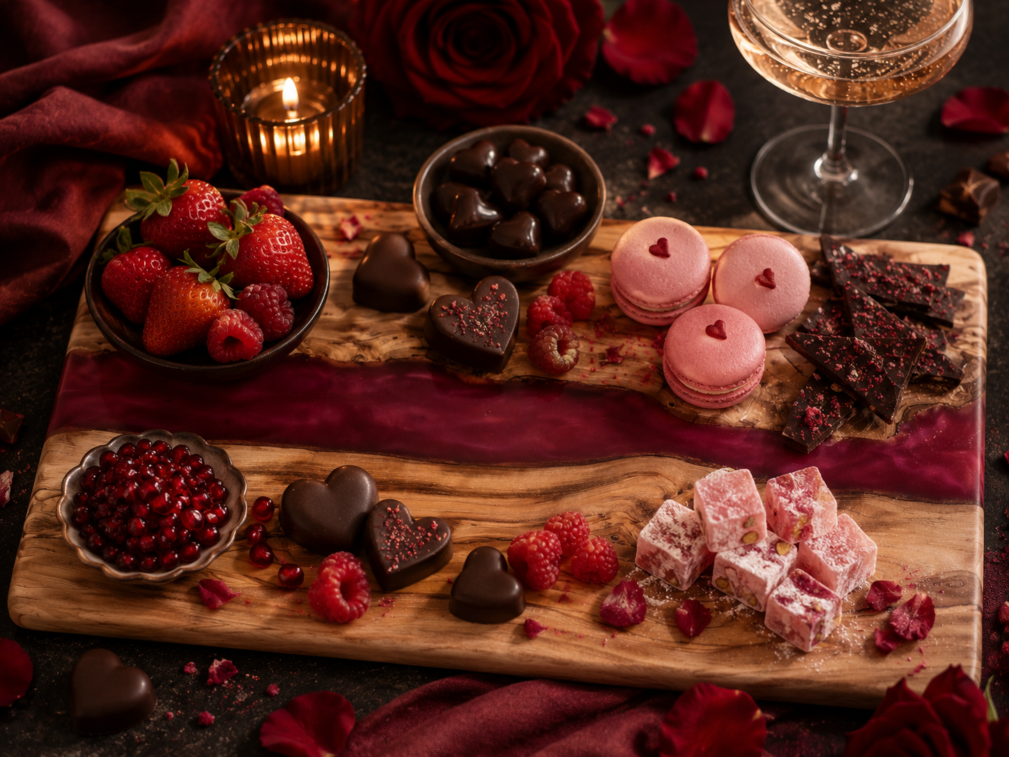 The Grove Collection crimson epoxy river board styled as a Valentine's dessert board with macarons, heart chocolates, raspberries, lokum and champagne — Wild Olive Co.

