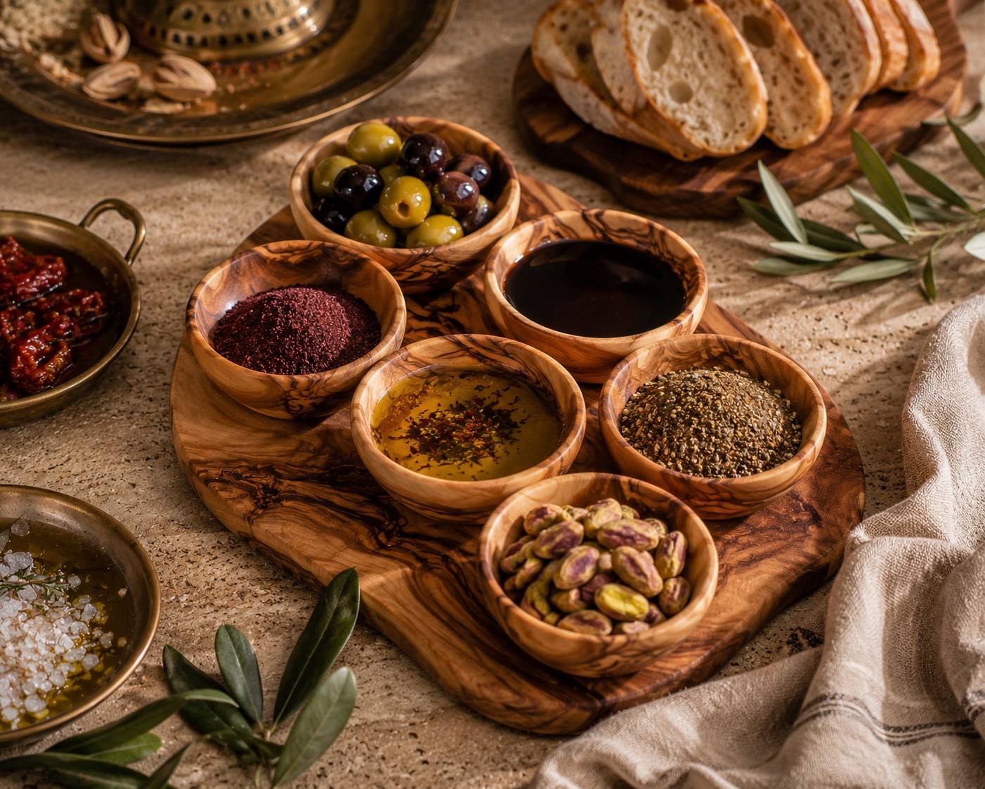Assorted spices and olives in wooden bowls on a rustic surface with bread slices.