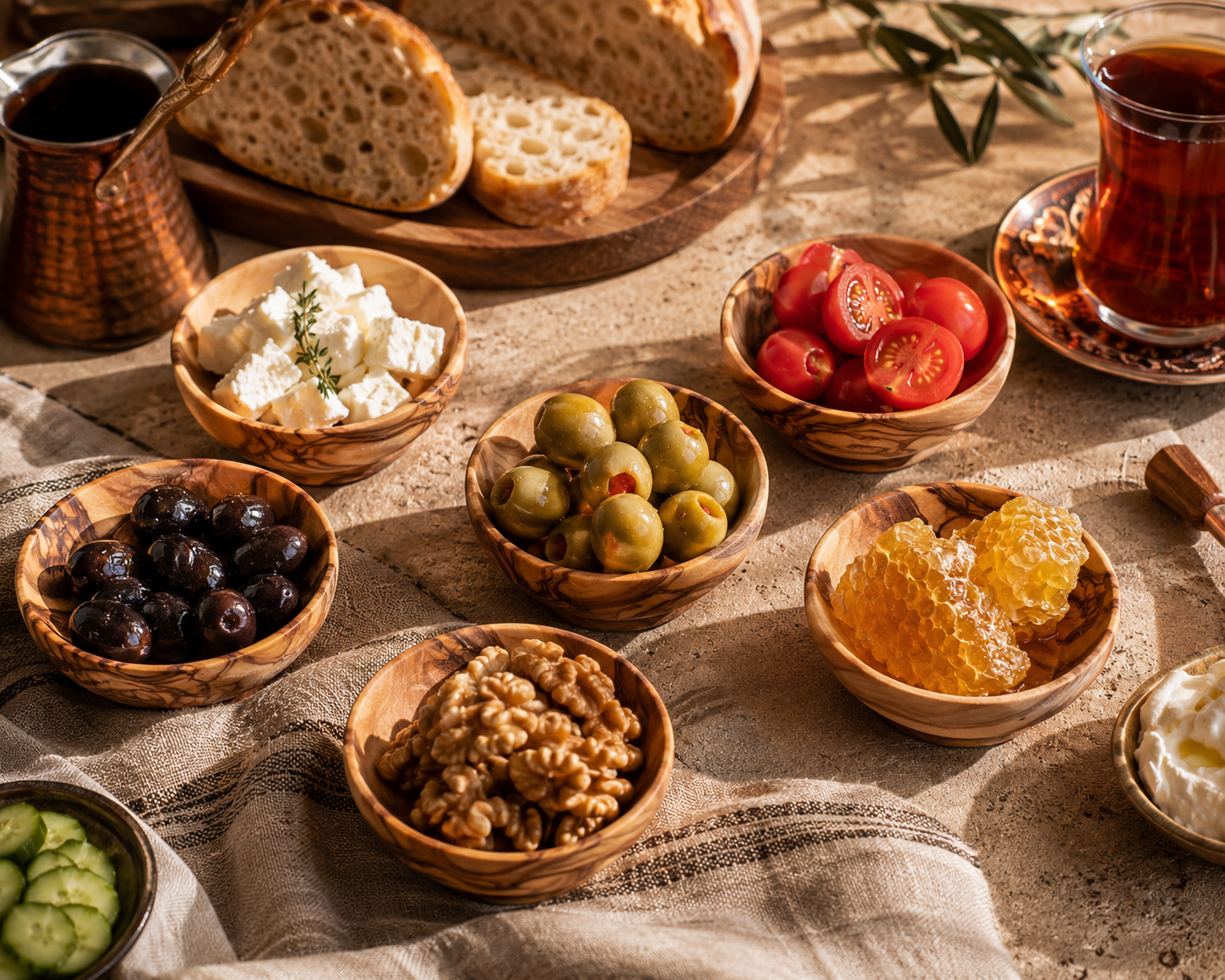 Assorted foods including bread, olives, tomatoes, and honey on a rustic wooden table.