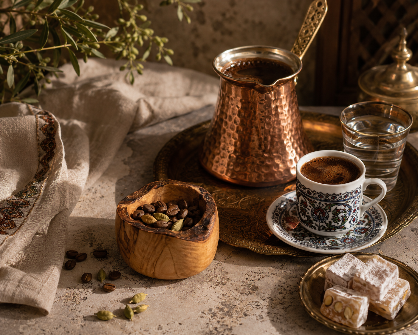Copper coffee pot, cup, and saucer on a wooden tray with a small bowl of nuts and a plate of cookies.