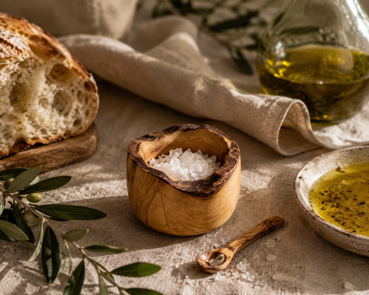 Wooden bowl with salt, olive oil, and bread on a textured surface
