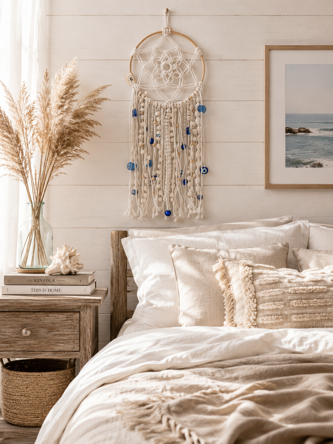 Neatly made bed with decorative pillows, a dreamcatcher hanging above, and a framed picture on the wall.