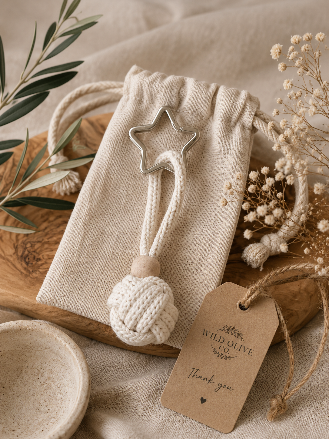 A baby teething toy with a star-shaped metal ring and knotted cord, presented in a beige fabric drawstring pouch with a kraft paper tag reading 'WILD OLIVE Thank you'. The setup is styled with dried flowers, olive branches, and a wooden bowl on a neutral fabric background.