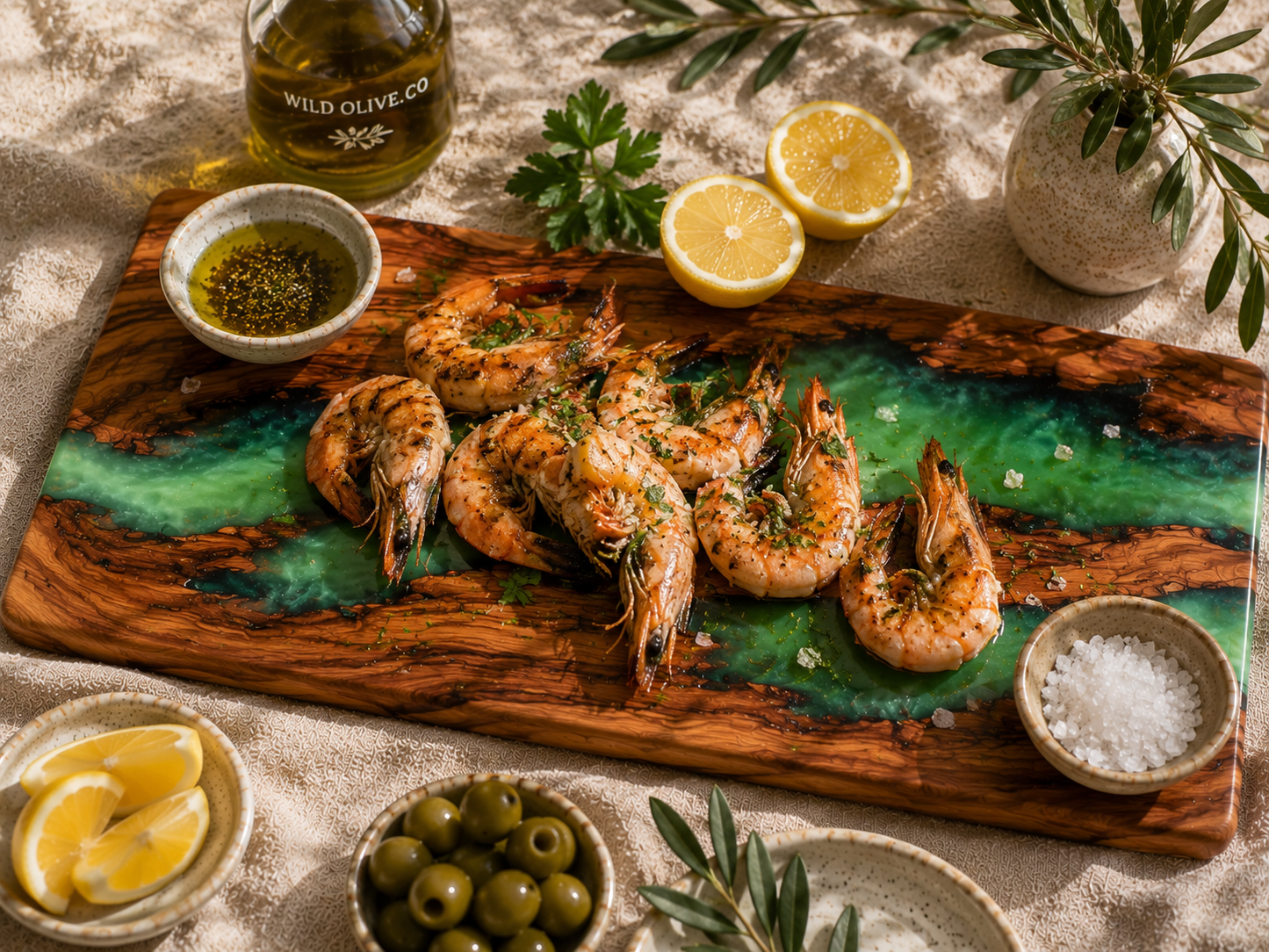 Wooden cutting board with grilled shrimp, lemon wedges, and olive oil bottle on a textured surface.