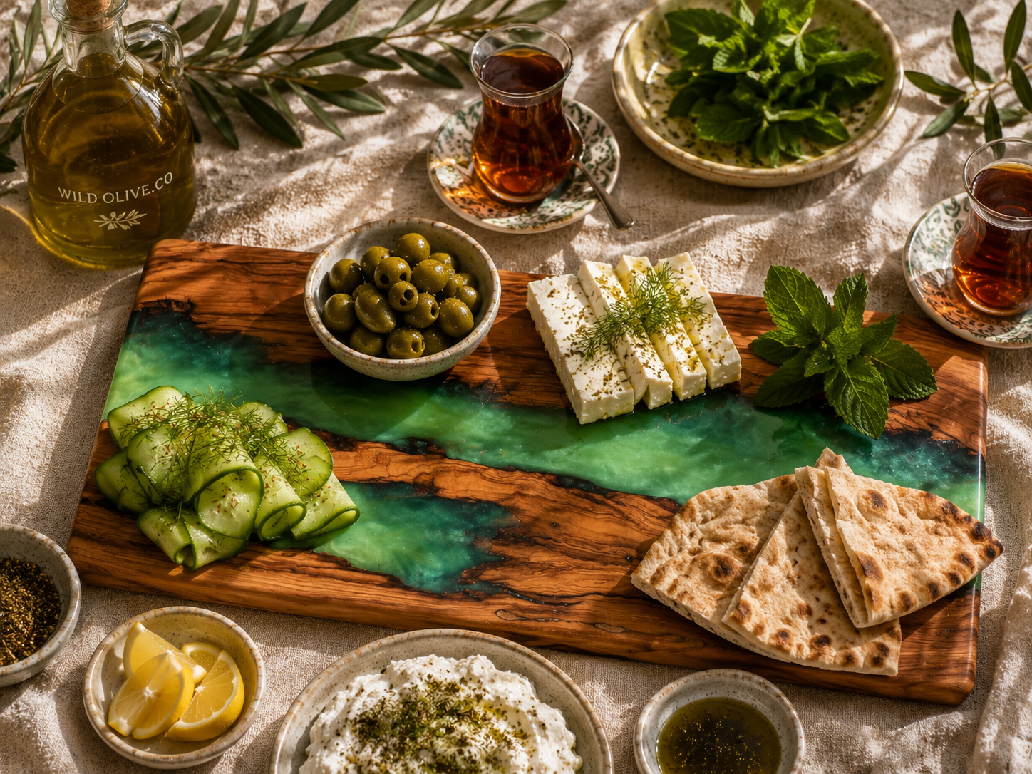 Wooden platter with assorted snacks including olives, cheese, and flatbread on a decorative tablecloth.