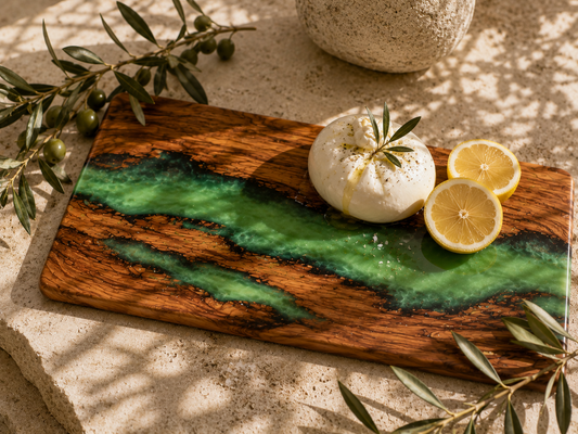 Wooden cutting board with green resin design, burrata cheese, and lemon slices on a stone surface.