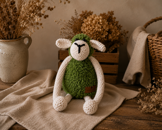 A handmade crocheted plush sheep toy with a green body, white ears and legs, and a black embroidered face, sitting on a beige linen cloth with dried flowers and rustic home decor in the background.