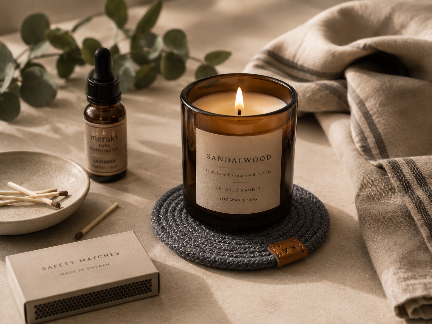 Sandalwood candle with matches and eucalyptus leaves on a neutral background