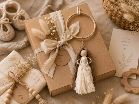 Gift box with decorative angel and ribbons on a textured surface
