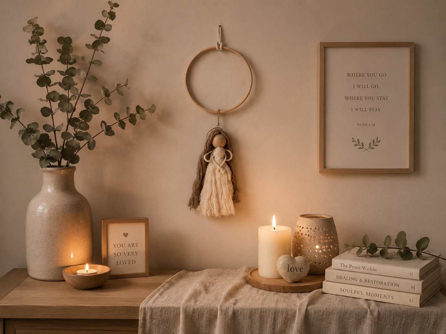 Nestled corner with a vase of eucalyptus, framed quote, and decorative items on a wooden surface.
