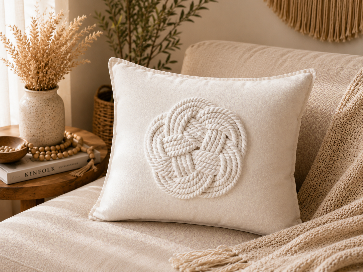 A square off-white throw pillow with a raised cream rope knot design in the center, styled on a beige sofa next to a knit blanket and dried flowers in a vase.