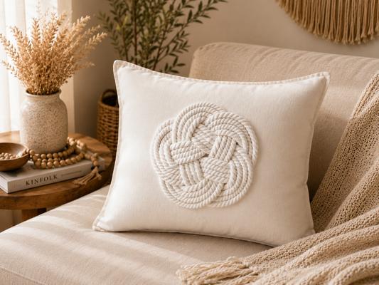 A square off-white throw pillow with a raised cream rope knot design in the center, styled on a beige sofa next to a knit blanket and dried flowers in a vase.