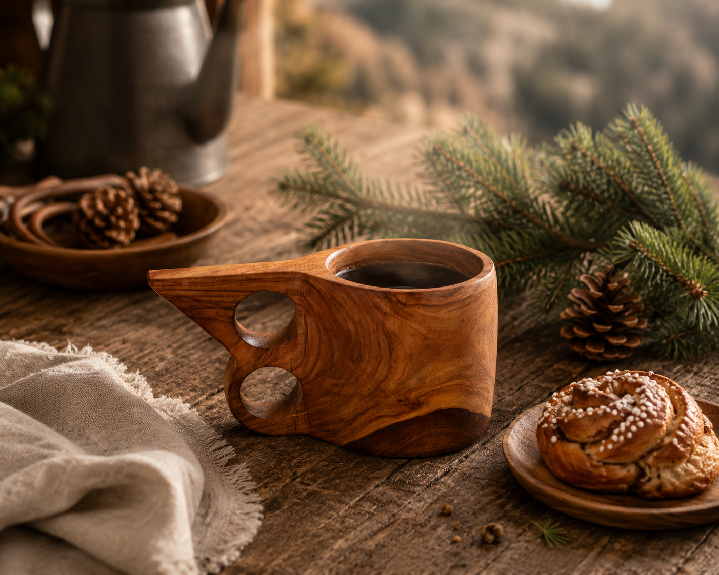 Wooden mug with coffee on a wooden table with pine branches and pastries