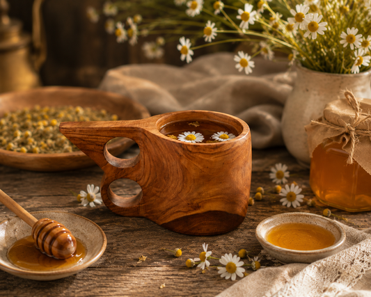 Wooden cup with honey and flowers on a rustic wooden table