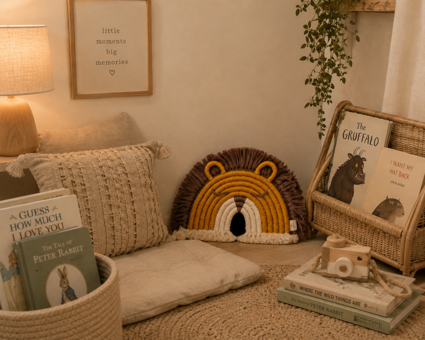 A cozy nursery corner with a crocheted lion-face cushion, textured pillows, a wicker book stand holding children's books, a woven basket with books and a toy camera, and warm ambient lighting against a cream wall.