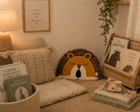A cozy nursery corner with a crocheted lion-face cushion, textured pillows, a wicker book stand holding children's books, a woven basket with books and a toy camera, and warm ambient lighting against a cream wall.