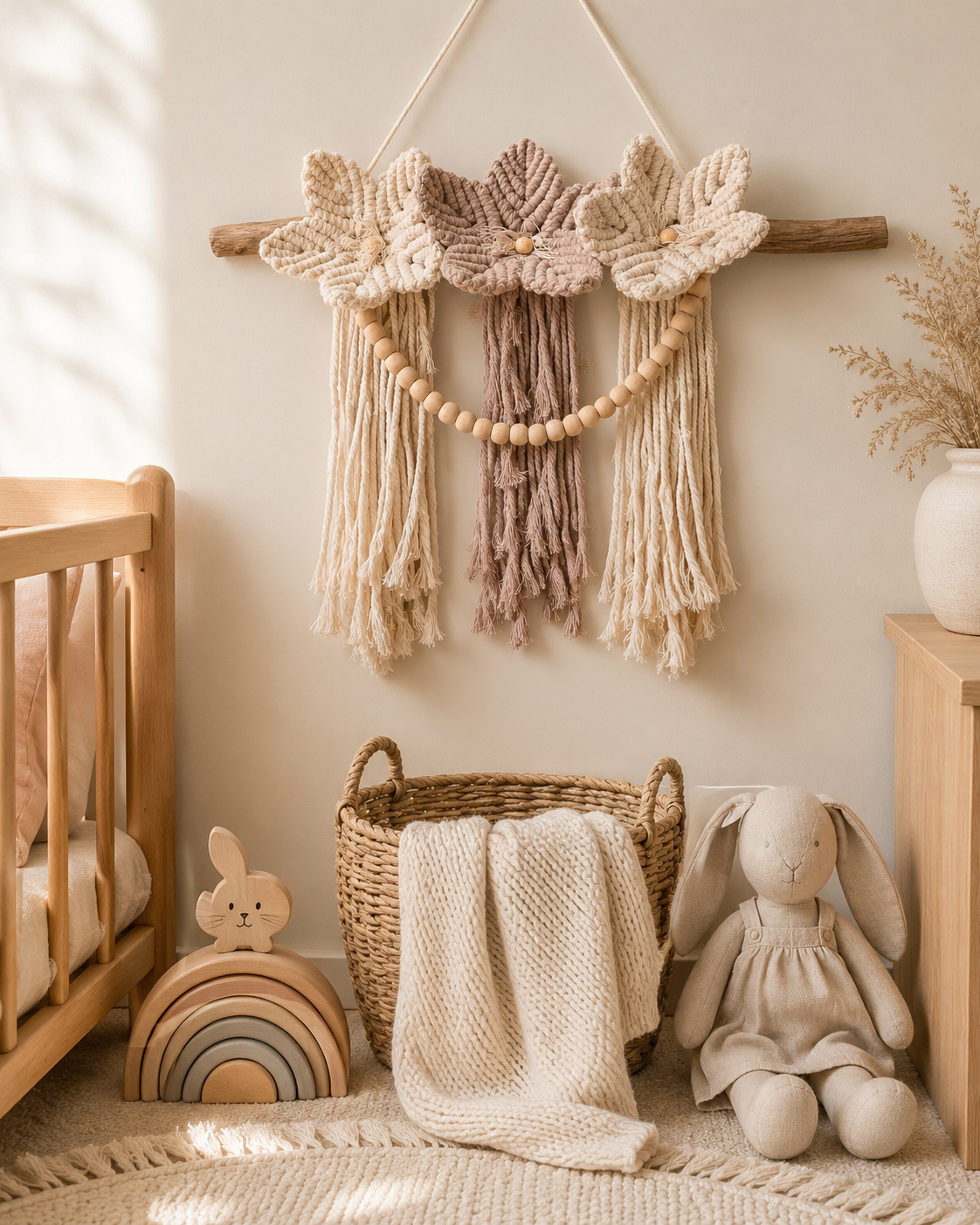 Nursery room with wooden crib, decorative wall hanging, wicker basket, and plush toys.