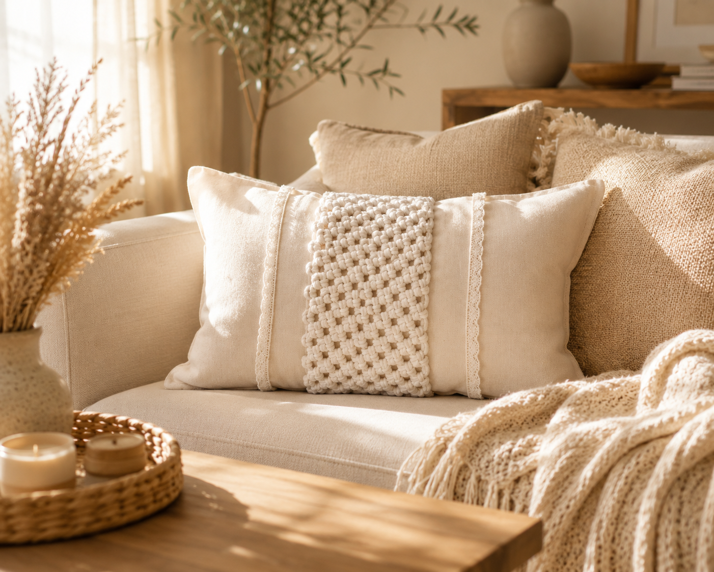 Handmade Linen Lumbar Cushion Cover with Macramé Panel & Lace Trim