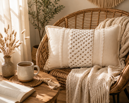 A rectangular cream throw pillow with three vertical textured panels and lace trim, styled on a wicker armchair with a chunky knit blanket and a mug on a wooden table in a warm, sunlit room.